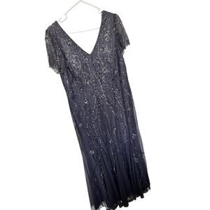 Adrianna Papell Women's Platinum Beaded Formal Gown Maxi Dress Dark Grey Size 18